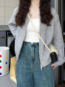 Áo Len Cardigan Dệt Kim Màu Xám Cho Nữ Mùa Thu 2024 Áo Khoác Ngoài Dài Tay Cổ Tròn Khóa Kéo Dáng Rộng Thoải Mái Áo Len Cardigan