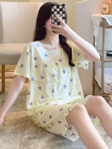 Short Sleeve Shorts Air-Conditioned Room Suit Nipple Coverage Poplin Pajamas Womens Summer Thin Fresh Artificial Cotton Home Wear