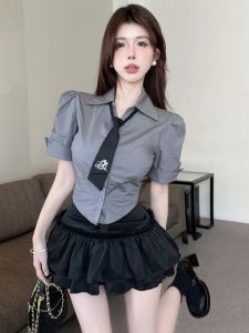 GUZILIAN | ชุดเดรสกระโปรงสั้นแขนสั้นสไตล์เกาหลีสำหรับผู้หญิงในช่วงฤดูร้อน ชุดกระโปรงสั้นสองชิ้นพร้อมเสื้อเชิ้ตคอโปโล