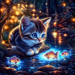 Huacan 5D DIY Diamond PaintingFirefly Stream Cat Watching Fish Diamond Embroidery Animal Set Decorative Paintings