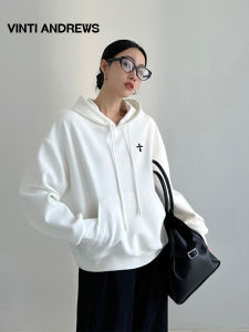 Hooded Pullover Sweatshirt for Petite Women in White Loose Fit Short Style