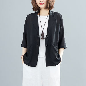 เสื้อสูทผ้าลินินคอตตอนทรงหลวมสไตล์ลำลองสำหรับผู้หญิง ฤดูร้อน 2025 เสื้อแจ็คเก็ตสั้นบางแบบลำลอง ชุดทำงาน สีพื้น
