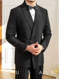 Mr. Lu Sang ชุดสูทสีดำคอปกสีเขียวสำหรับพิธีกรงานเลี้ยงงานแต่งงานเสื้อคลุมชุดสูทเข้ารูปติดกระดุมติดแฟชั่นสำหรับผู้ชาย