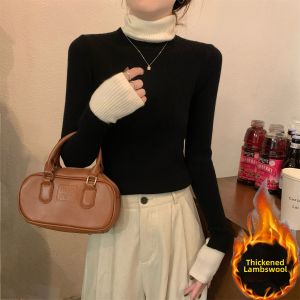 Design Fashion High Neck Color Block Thickened Lamb Wool Knit Top