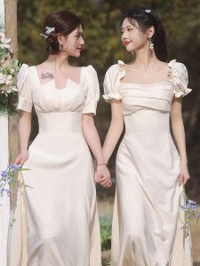Champagne Color Maids Dress Satin Evening Gown Womens Fashion Korean Style Bridesmaid Uniform Short Sleeve Long A-Line Skirt