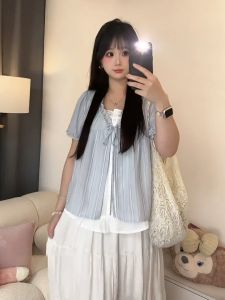 plus Size Womens Plaid Short Sleeve Shirt Loose Design Korean Style V-Neck Bubble Sleeve Regular Length Summer Top