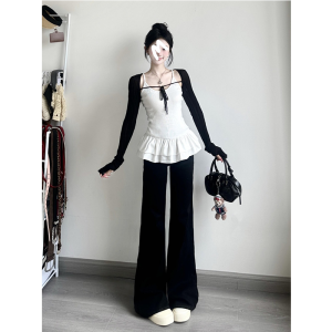 Quần Jeans Ống Loe Ống Rộng Cạp Lửng Màu Đen Cho Nữ Mùa Xuân Thu Quần Dài Đến Sàn Kiểu Dáng Rộng Thoải Mái