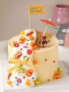 Trendy Bear Birthday Cake Decoration Sweet Cone Bear Candle Color Flag Plugin Cake Decoration Display Happy Birthday
