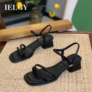 Ielgy pháp Đen Giày sandal có dây quai nữ mùa hè thời trang đa năng Ngón chân vuông