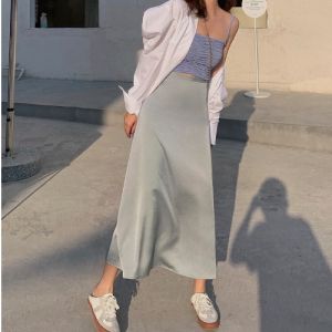 French Retro A- line Dress Womens Summer Lightly Mature Temperament High Waist Slim Looking Satin Midi One-Step Skirt Skirt