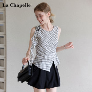 La Chapelle | Sleeveless Plaid Floral Ruffle Halter Top