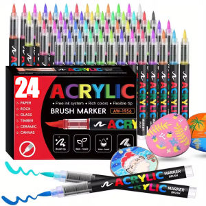 🔥24Pcs Acrylic Paint Pens Markers Brush Tip Paint Markers for Rock Painting Wood Canvas Stone Christmas Gift DIY Crafts
