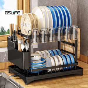 GSlife 2/3-Tiers Carbon Steel Dish Rack with Drainer Plates Kitchen Organizer Storage Draining Rack