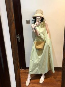Elegant Japanese Retro Green Polyester Fiber Pullover Dress for Women Summer Lace Up Casual High End Design No Sleeves