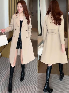 Womens Mid-Length Double-Breasted Suit Collar Coat Autumn Winter Fashion Elegant Slimming Style Korean Version Regular Sleeve