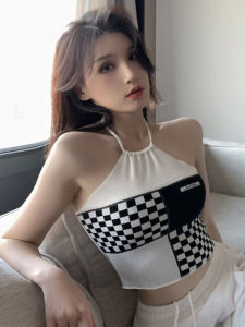 เสื้อกั๊กสั้นถักลายสก็อตคอแขวนสำหรับผู้หญิงในฤดูหนาว เสื้อชั้นในแบบสายเดี่ยว เสื้อชั้นในสีพื้น เสื้อชั้นในแบบท่อตรง