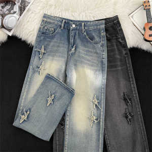 กางเกงยีนส์ทรงหลวมขาตรงสำหรับผู้ชาย ทรงย้อนยุค สไตล์วินเทจ ทรงหลวม กางเกงขายาวทรงตรง ปักลายดาว สไตล์อเมริกัน