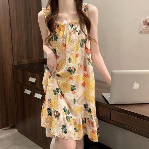 MONLEYTA | Váy ngủ không tay mùa hè phong cách công chúa Bubble pleated váy ngủ nữ dây đeo ngực váy ngủ dài đến giữa chân