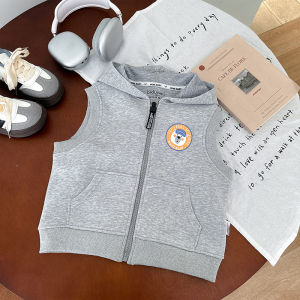 Cute Boys Zipper Hoodie Vest Spring Autumn Wear Outer Childrens Sleeveless Vest Fashionable Clothing Cotton Polyester Blend