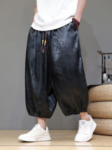 New Summer Chinese Style Ice Silk Cool Feeling Mens Beach Casual Pants Dragon Pattern Loose Fit Seven Inch Straight Tube Trousers
