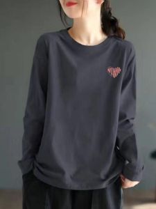 เสื้อยืดคอกลมแขนยาวผ้าฝ้ายแท้สำหรับผู้หญิง เสื้อเชิ้ตชั้นในลายพิมพ์เรียบง่าย เสื้อผ้าทำงานฤดูใบไม้ร่วง จีนแผ่นดินใหญ่