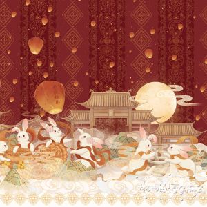 Fox Cat Original Chinese Style Mid-Autumn Moon Rabbit Bunny Lolita Handle Picture Print DIY Dress Childrens Clothing Fabric