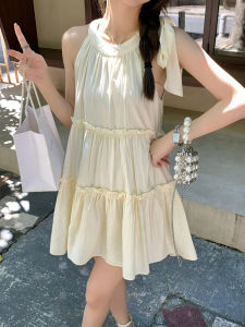 Váy Công Chúa Không Tay Cổ Treo Phong Cách Pháp Ngọt Ngào Mùa Hè 2024 Váy Ngắn Chữ a Cạp Cao Họa Tiết Hoa Ren Cho Bé Gái