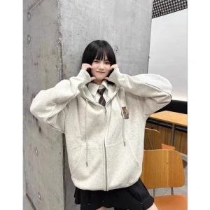 โอเวอร์ไซส์ เสื้อฮู้ด ผู้หญิง ฤดูใบไม้ร่วง ฤดูหนาว หนาขึ้น ผ้าขนแกะ สไตล์ขี้เกียจ ซิป คาร์ดิเกน เสื้อโค้ทหลวมสบาย ผ้าฝ้าย Blend