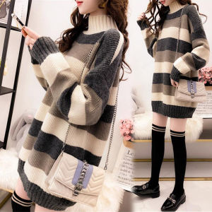 Womens Mid-Length Thickened Knitted Sweater Half-High Collar Loose Base Layer Skirt Outerwear Fashionable Commute Style