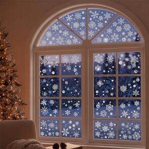 สติกเกอร์ติดกระจกเกล็ดหิมะวิบวับสำหรับคริสต์มาส วอลเปเปอร์คริสต์มาส สติกเกอร์ติดผนังแบบไฟฟ้าสถิตลายเกล็ดหิมะสำหรับตกแต่งกระจกในเทศกาลคริสต์มาส