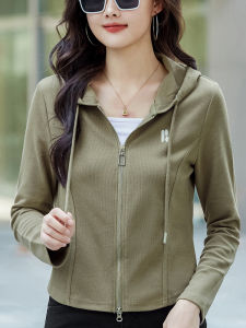 Womens Hooded Double Zipper Sweatshirt Loose Long Sleeve Autumn Winter Sports Cardigan Outerwear Versatile Slimming Short Top