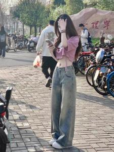 American Retro Wide Leg Denim Jeans Womens Autumn Winter New Style Student Versatile Small Size Loose Drapey Frayed Straight Leg Pants