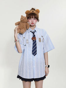 Áo Sơ Mi Nữ Tay Ngắn Thêu Họa Tiết Hoạt Hình Nhật Bản Mùa Hè Rộng Rãi Thoải Mái Kèm Cổ Lọ Hình Gấu