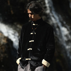 Autumn Winter Mens Loose Velvet Tang Suit Jacket Button up Chinese Style Coat Casual Youth Polyester Fabric No Ironing Needed