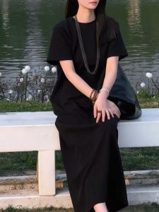 Summer New Style Loose Black Slimming Straight Tube Dress Luxury Lightweight Short Sleeve Covering Meat Design Fashionable