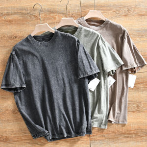 Cotton Washed Soft Comfortable Mens Summer New Wide Version round Neck Short Sleeve T-shirt Breathable Lightweight Solid Color