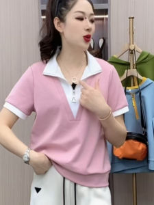 Summer New Fashion Womens T-shirt Zipper Halogen Short Sleeve Mid-aged Moms Shirt Cotton Casual Comfortable Breathable