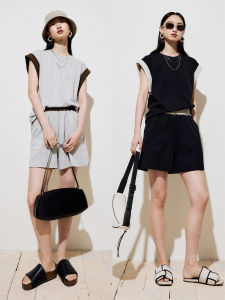 Casual Summer T-shirt Shorts Set Mismatched Color Cuffed Sleeve Merveilles Brand Cotton Blend Comfortable round Neck Top