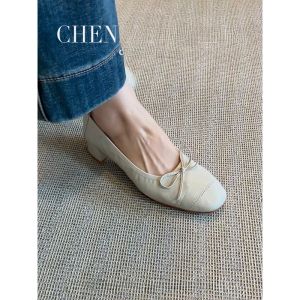 Handmade Leather Shoes with Bow Tie Soft Surface Retro Sheepskin Square Head Thick Heel Mary Jane Shoes for Women New Style