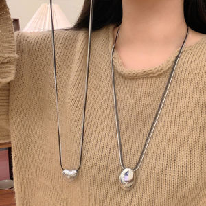 Normcore Glossy Geometric Heart Shape Pendant Necklace Twin Double Layer Fancy Long Sweater Chain Easiest for Match Elegant Accessories