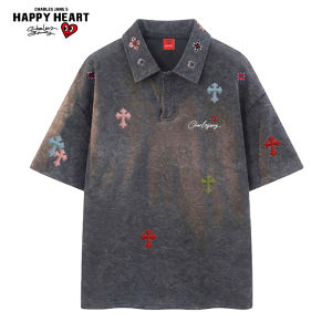 CHARLES JANGS HAPPY HEART | Heart Cross Patterned Polo Shirt Summer Loose Versatile
