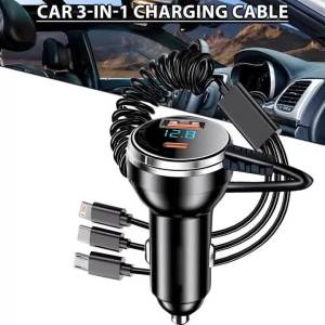 Bộ Sạc Ô Tô 2 Cổng USB Có Màn Hình Hiển Thị Điện Áp Sạc Nhanh Cáp Thu Gọn Thiết Kế 5 Trong 1 Dành Cho Điện Thoại Và Thiết Bị