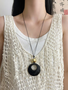 Elegant Natural Black Obsidian Pendant Necklace Womens Style Summer Long Black Rope Sweater Chain Fashionable Minimalist Commute Design