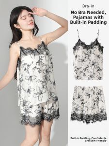 MiiOW | Lace Nightgown Womens Summer Thin Home Clothes With Chest Pad Strap Vest Luxury Style Short Pants Regenerated Fiber