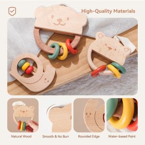 1PC Animal Bear Rattle Toys Pacifier Hand Rings Wooden Teething Rings Baby Products Teething Toys Wooden Toys Newborn Gifts