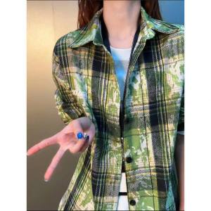 Blue American Tie-Dye Plaid Shirt Mens Spring and Autumn Vintage Couple Outerwear