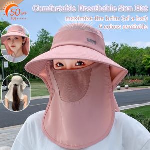 【UPF 50+】Large Brimmed Outdoor Sunscreen Hat Ice Silk Removable Neck Face Mask Sun Hats UV Protection With Windproof Rope
