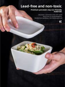 Square Ceramic Steamed Bowl Japanese Style Pure Color with Lid Salad Sauce Dish Blue Glazed Dinnerware Dishwasher Safe
