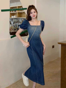 Knee-Length Gradient Color Slit Denim Dress Womens Mid-Length Summer Slimming Bubble Sleeve Patchwork Long Skirt