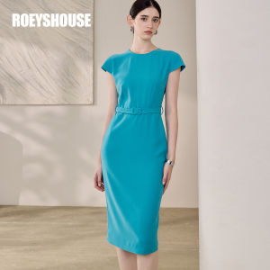 Roey s house | Elegant Commuter Cyan Round Collar Belted Fitted Midi Dress